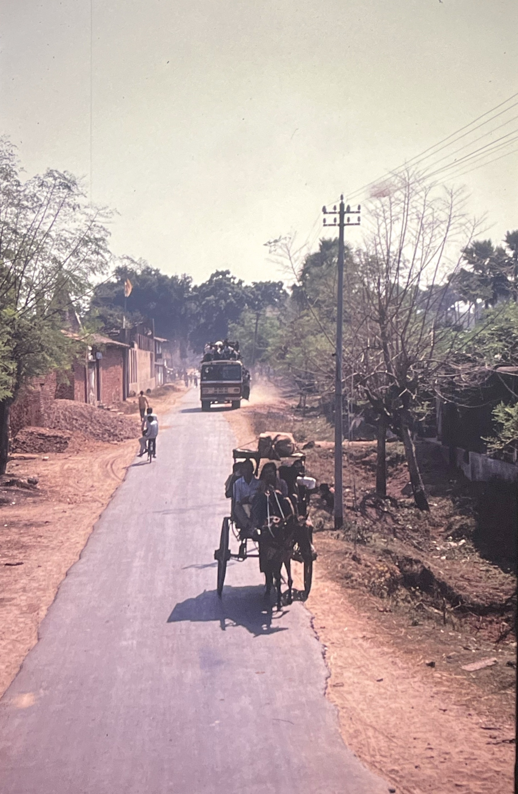 Horse and cart and bus on road near to Bodhgaya, Bihar state, India