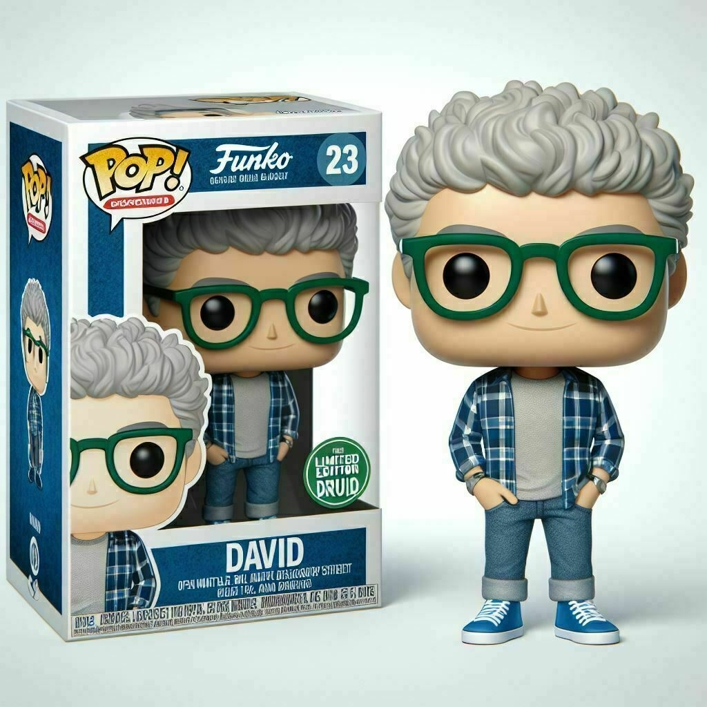 AI generated Funko Pop vinyl model of me standing next to a box with another model in. Dressed in blue jeans, blue sneakers, grey t-shirt, blue, white & black plaid t-shirt, and green rimmed glasses