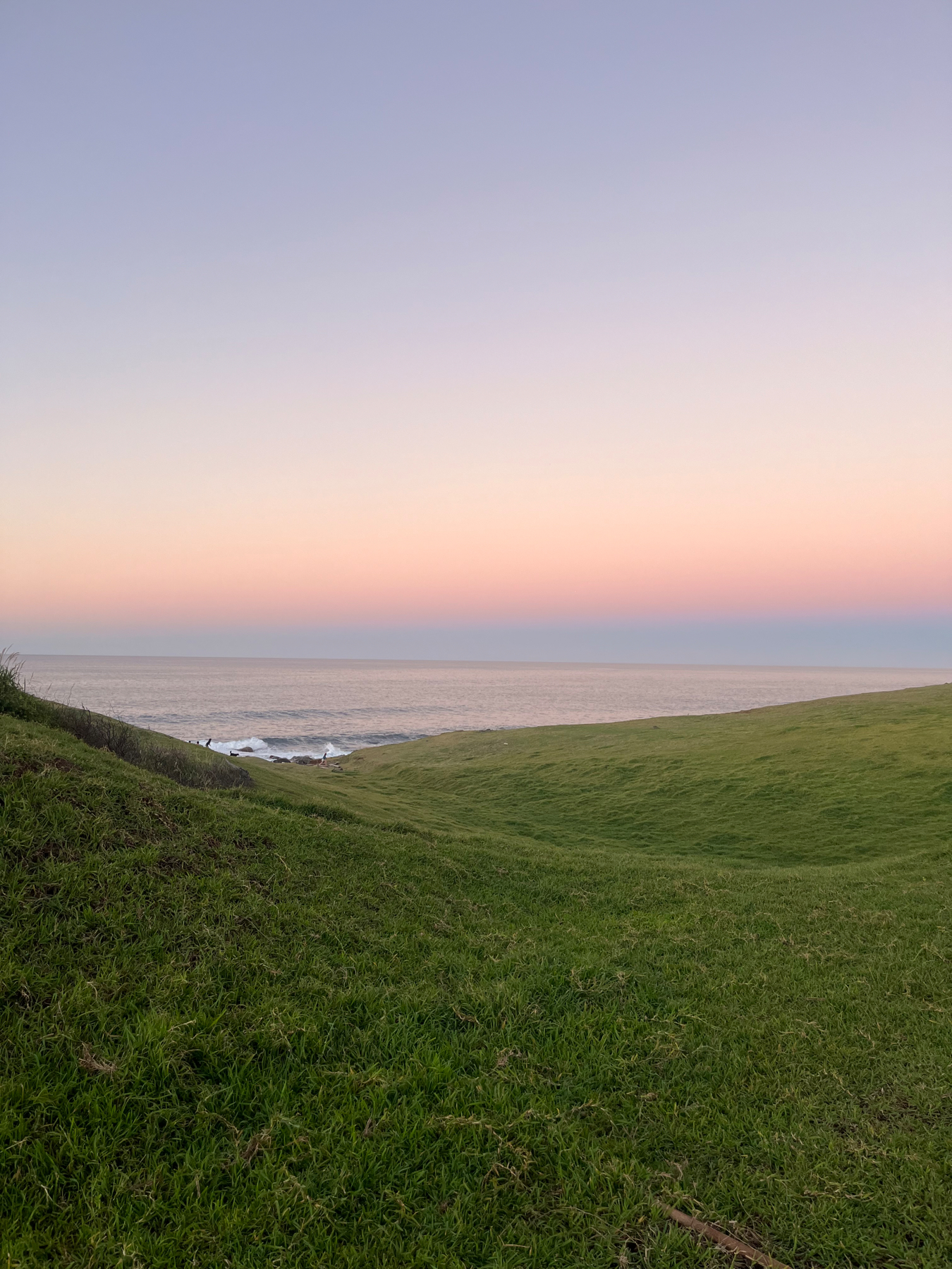 A tranquil sunset overlooking the ocean with a gradient sky, viewed from a grassy hillside.