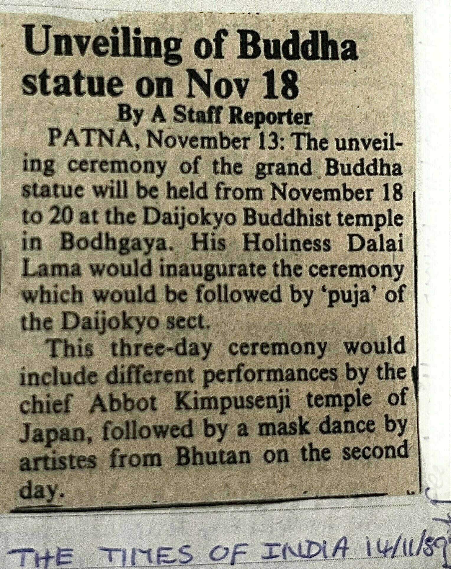 Newspaper clipping from The Times of India on November 14, 1989, announcing the unveiling of a Buddha statue on November 18 at the Daijokyo Buddhist temple in Bodhgaya by His Holiness the Dalai Lama