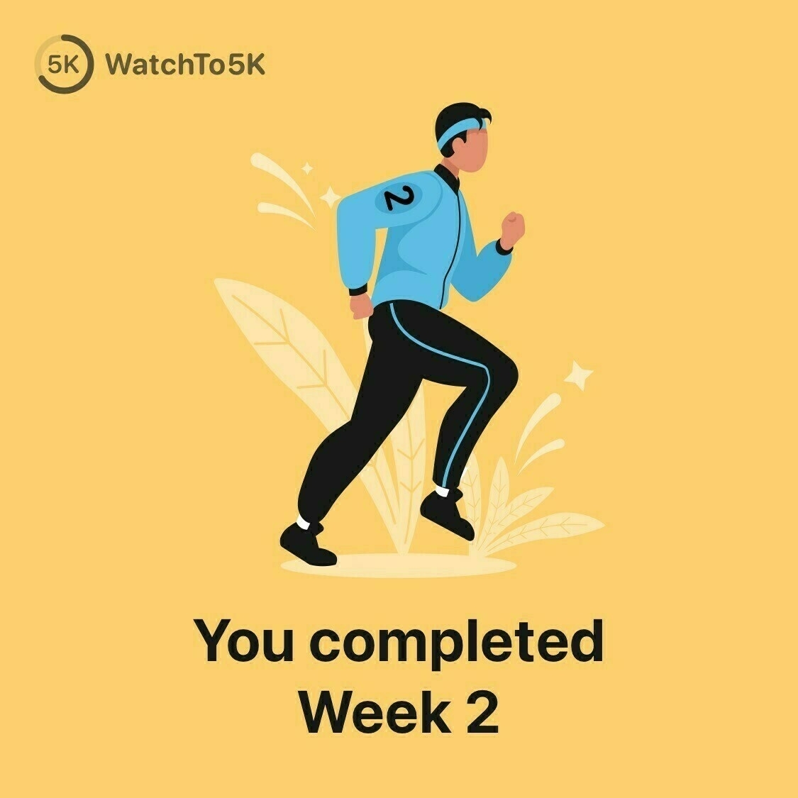 Cartoon drawing of a man in a tracksuit running, a headband on his head, and writing below saying that week 2 of couch to 5K program has been completed