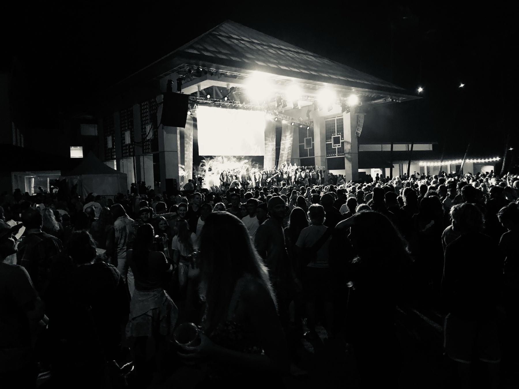 A crowd attending an outdoor concert at night