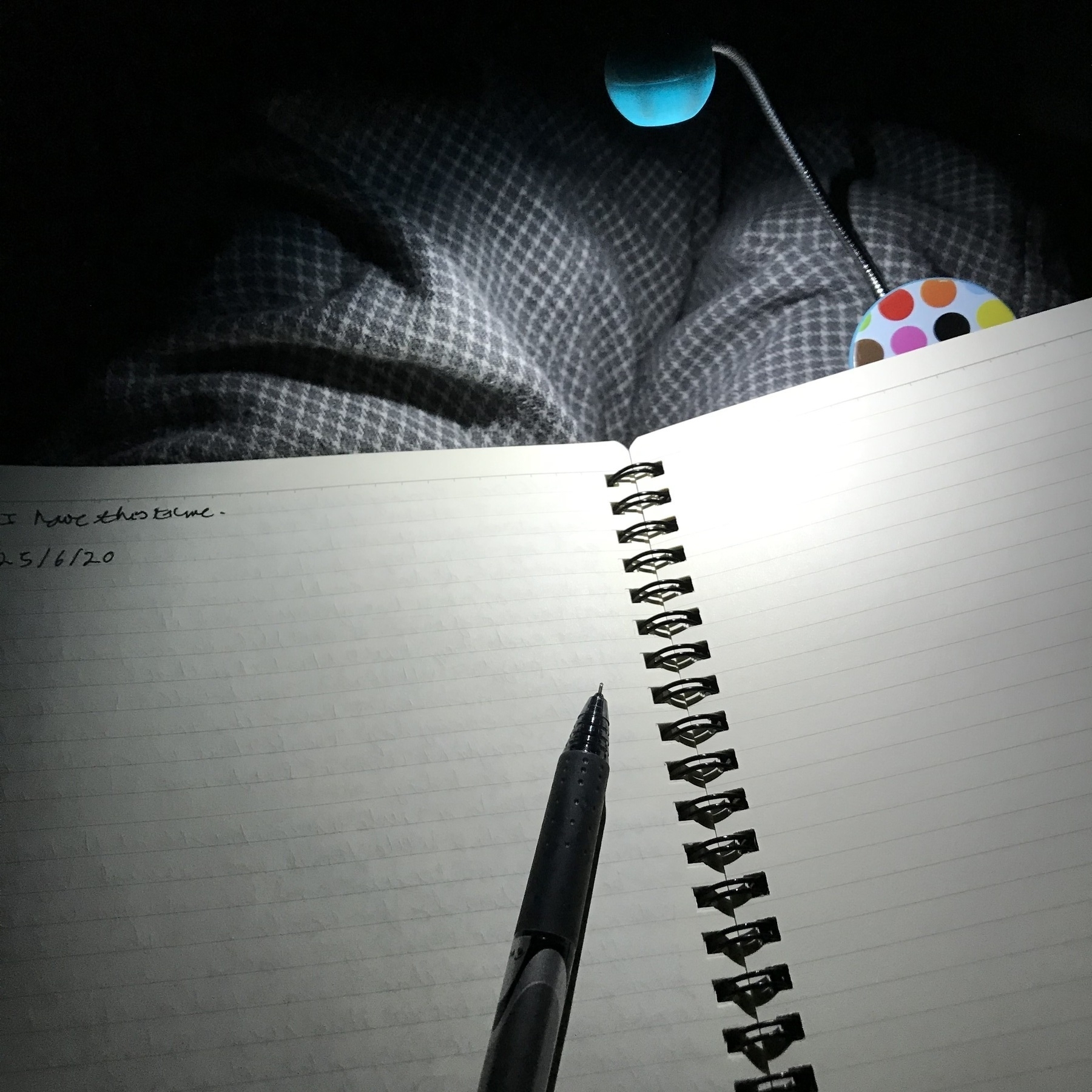 A journal resting on my lap in a dark room, illuminated by a book reading light.