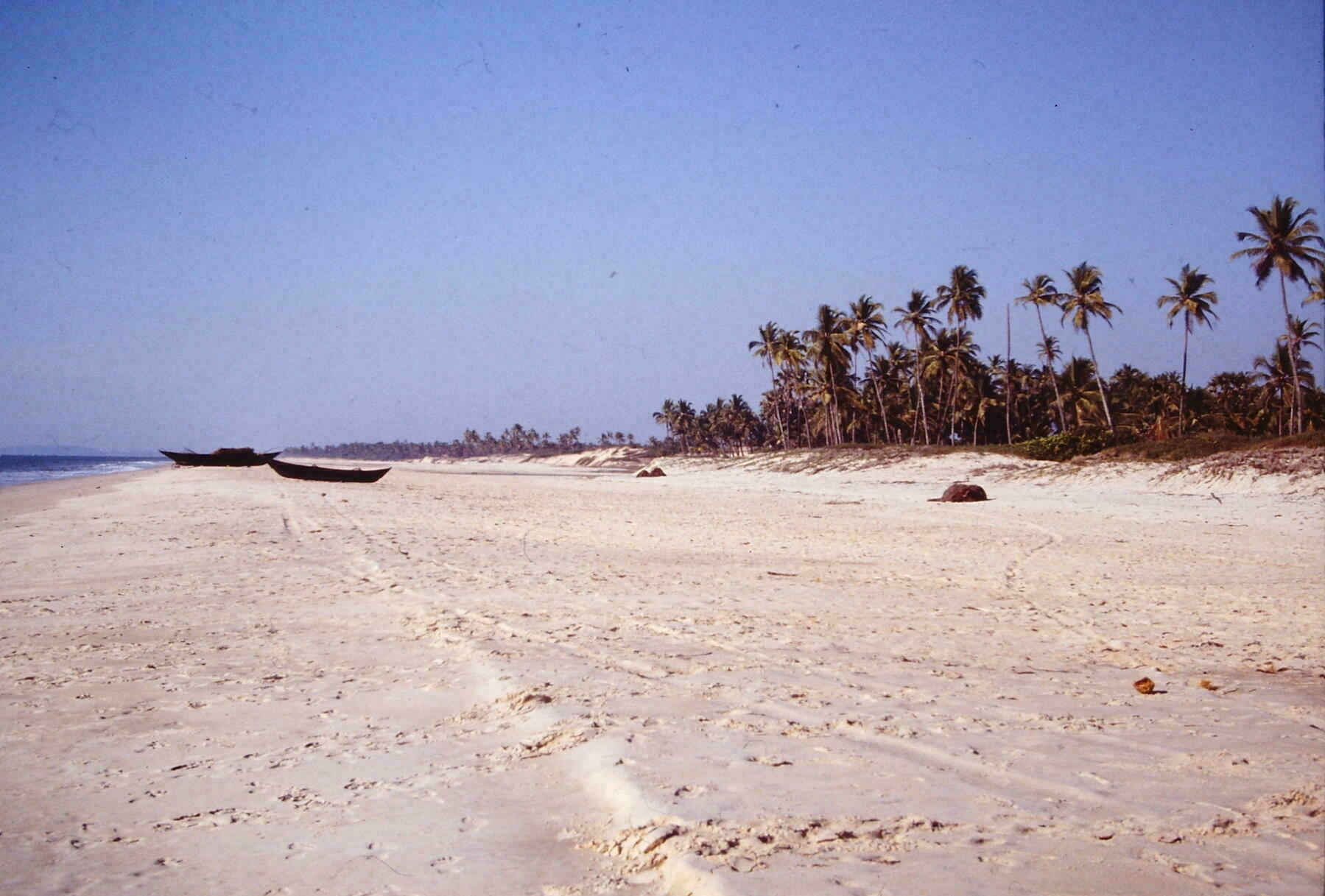 Benaulim Beach in Goa, India. A long wide stretch of white sand, no one in sight. Two local fishing boats are pulled up on the sand. Palm trees line the beach. In the distance a hill can be seen.